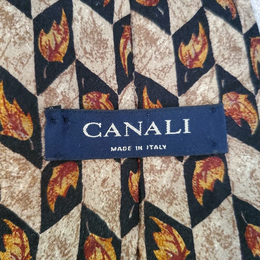 Canali Silk Necktie Mens Geometric Harlequin‎ Leaf Pattern Brown Tan Gold Italy